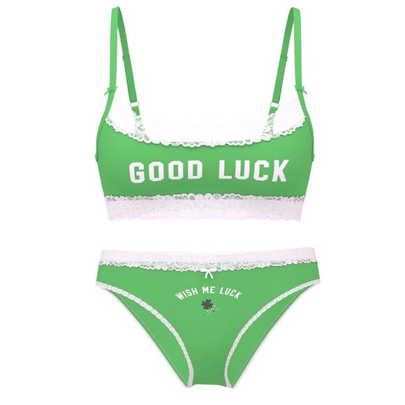 🍀VS PINK Cotton Lace Trim Scoop Bralette & Cheeky Panty Wild Green GOOD LUCK M/L - Picture 16 of 16
